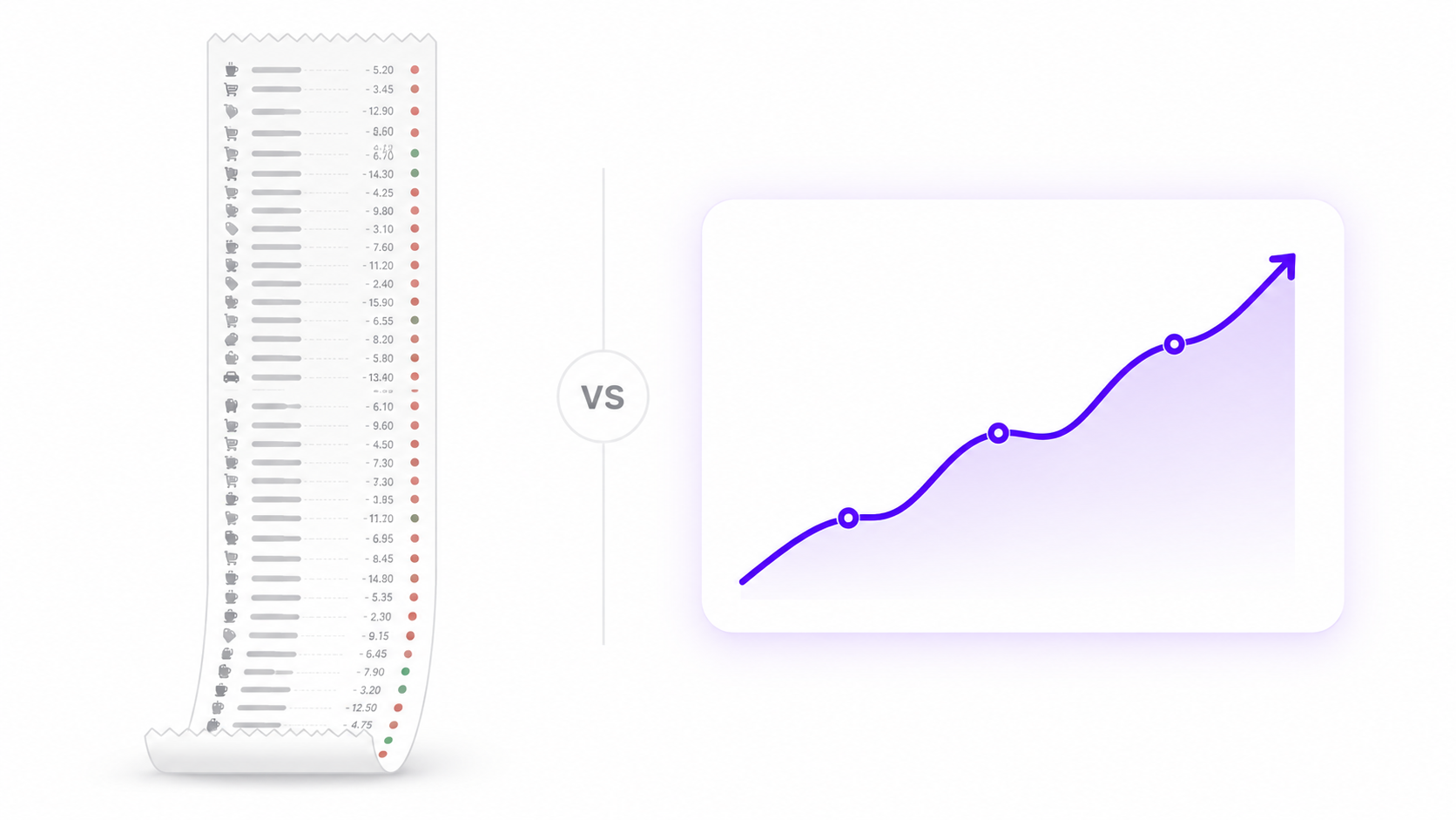 A cluttered expense log next to a single clean trend line