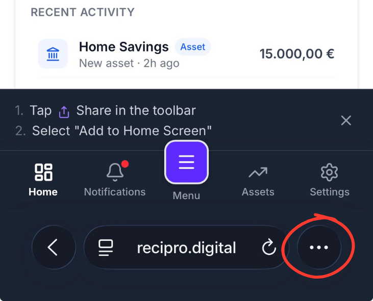 Adding Recipro to the iOS home screen — step 1: tap Safari's Share button