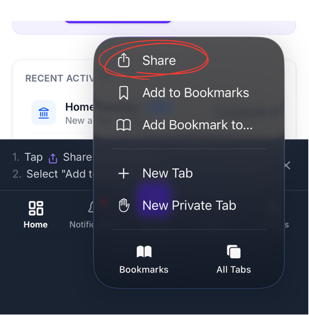 Adding Recipro to the iOS home screen — step 2: the Share sheet