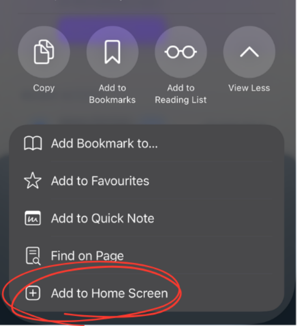 Adding Recipro to the iOS home screen — step 3: tap Add to Home Screen