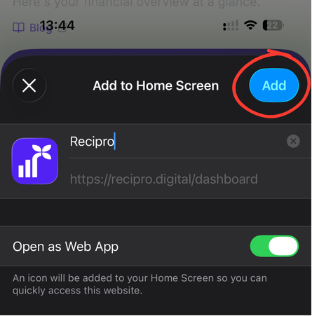 Adding Recipro to the iOS home screen — step 4: confirm and add