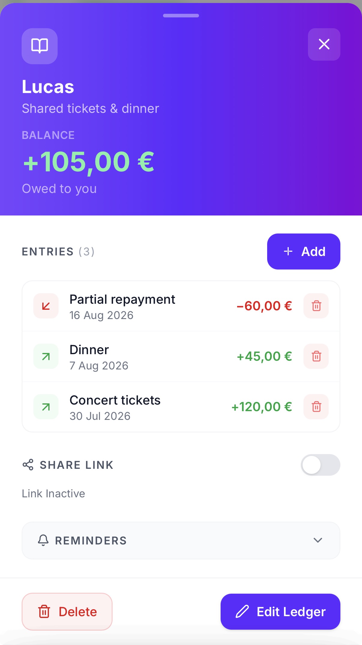 A Recipro ledger showing entries and a running balance for one person