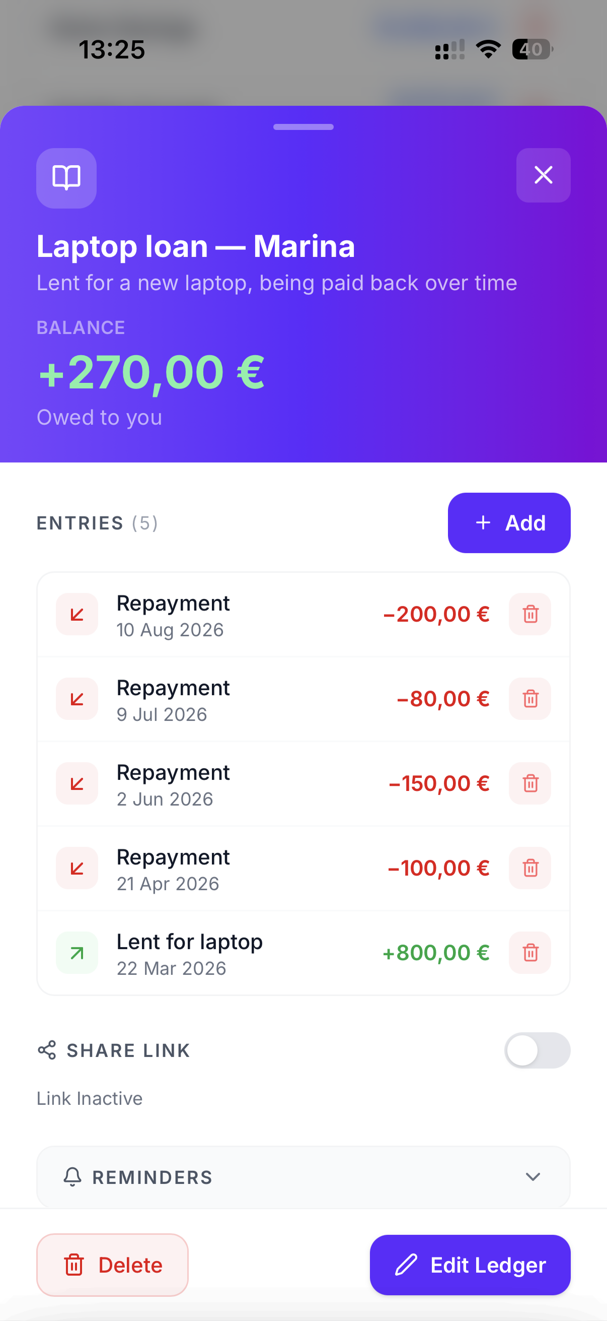 A ledger balance falling in irregular steps as occasional repayments arrive