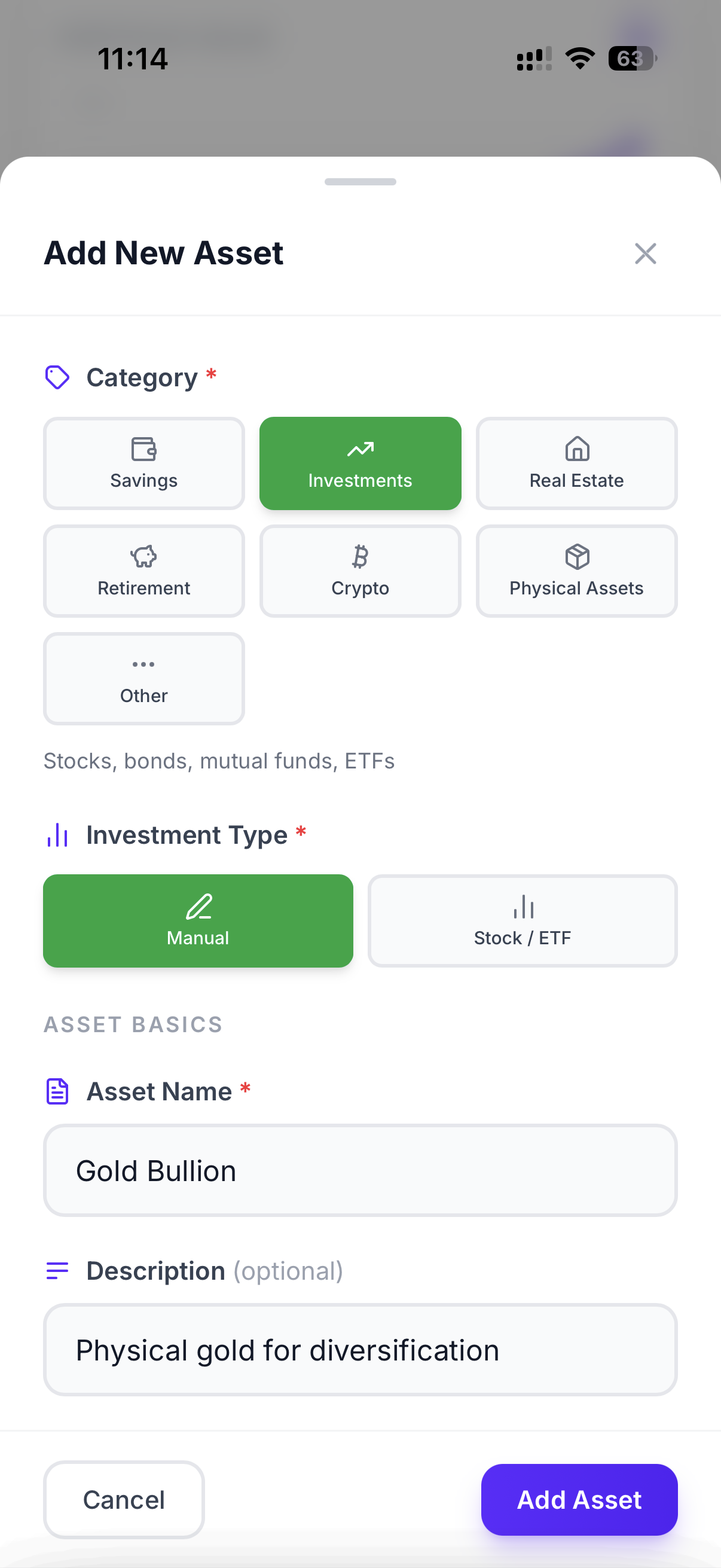 Adding an asset in Recipro: choosing a category