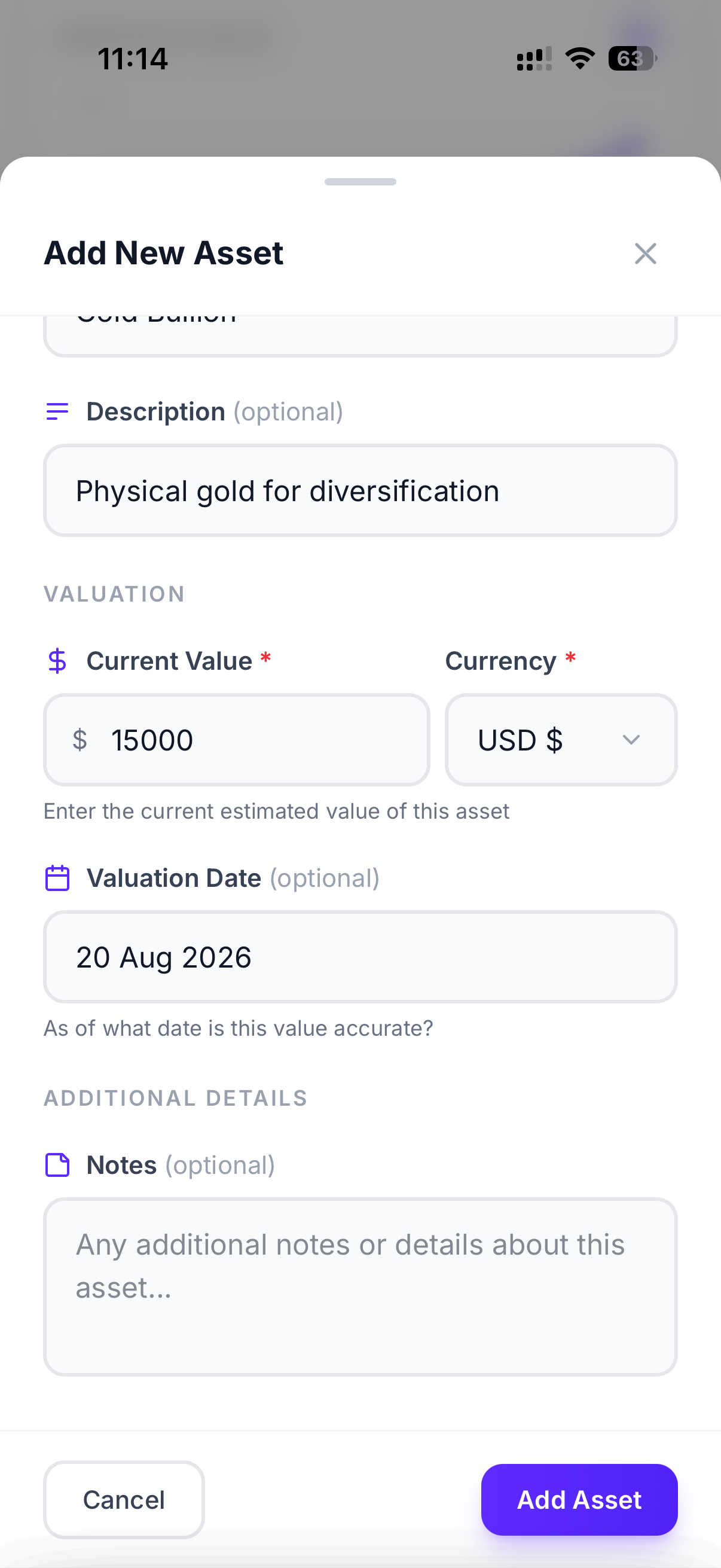 Adding an asset in Recipro: entering its value and details