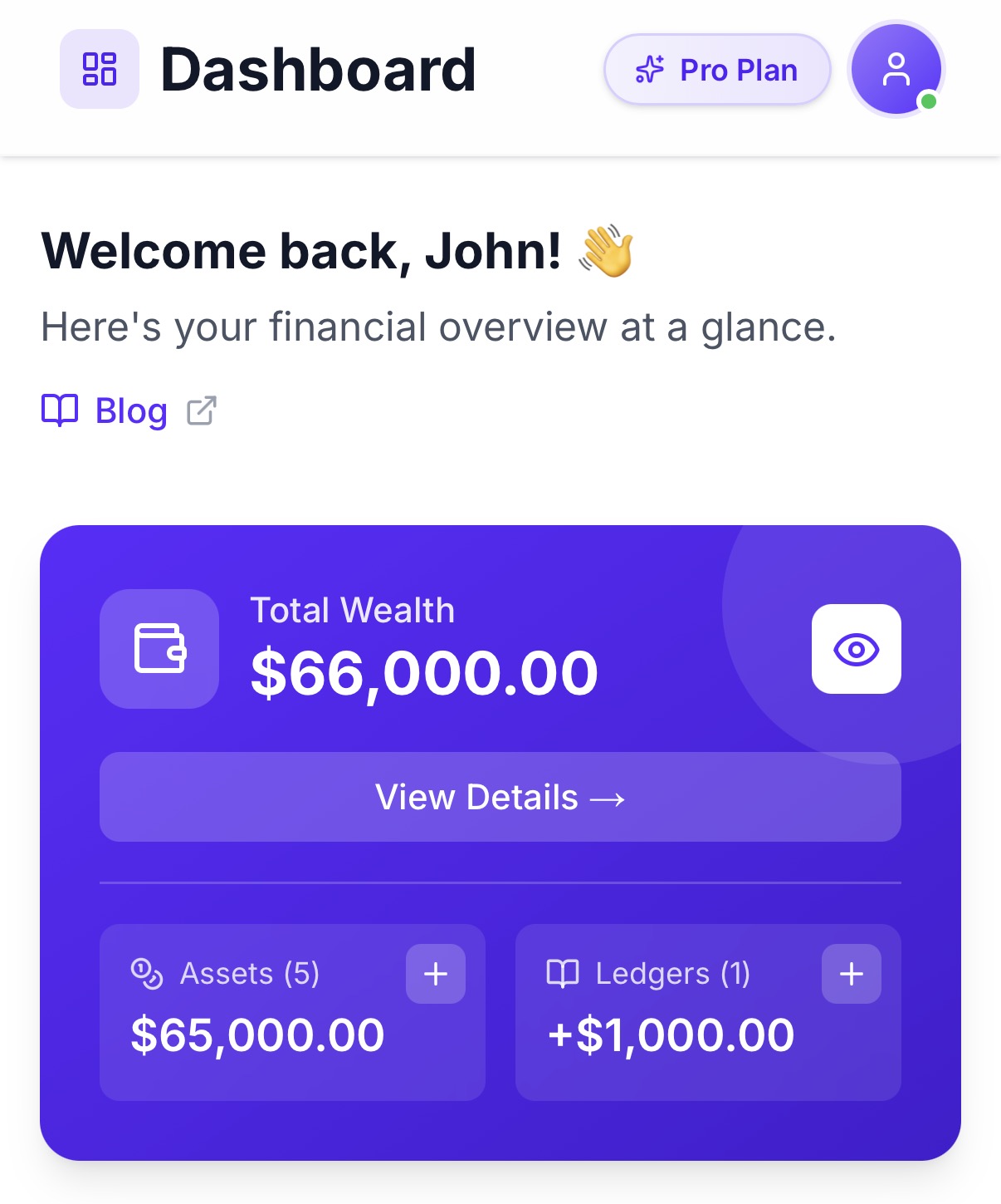 The net worth summary on the Recipro dashboard