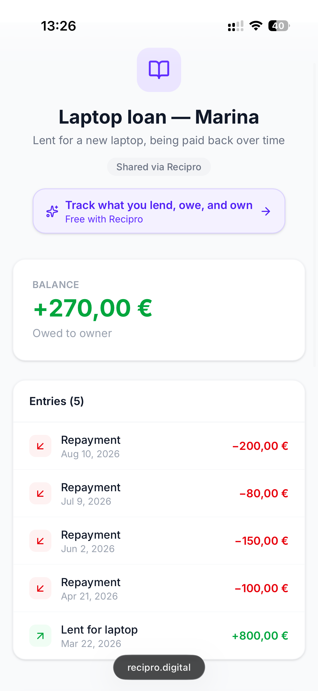 The recipient's read-only view of a shared ledger